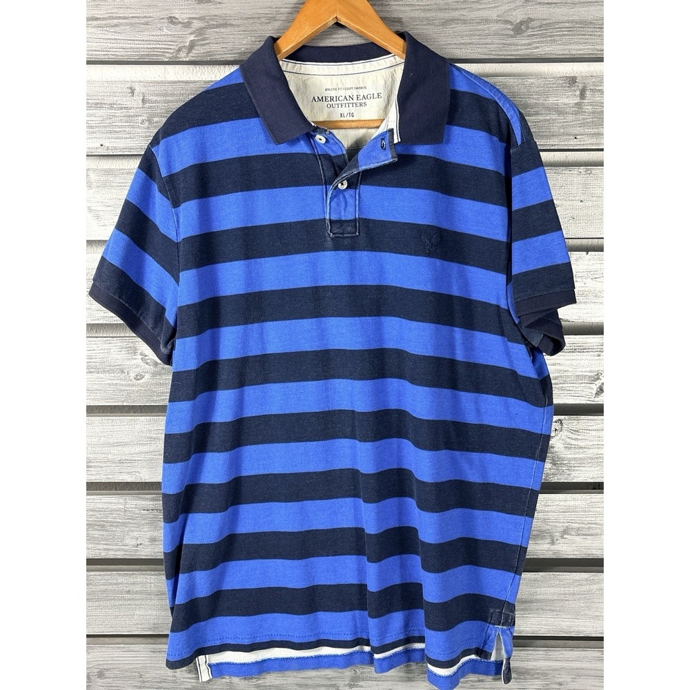Vtg Y2K American Eagle Rugby Polo Shirt Mens XL Blue Striped Short Sleeve